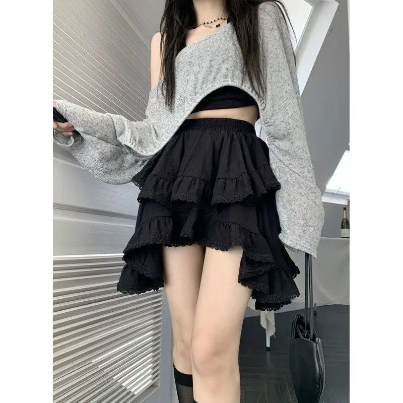 Skirts Women Simple Hotsweet All-match Lace Patchwork Fashion Korean Style Ruffles Streetwear High Waist Solid Ulzzang Stylish
