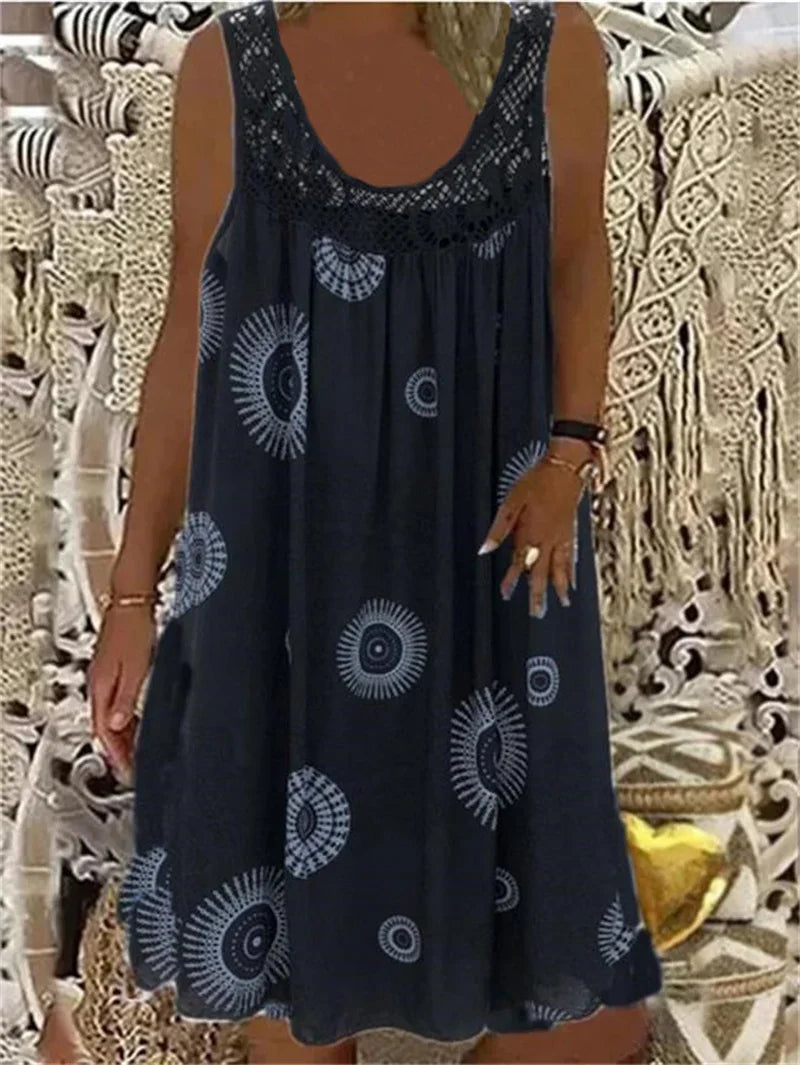 Elegant Lace Splicing O Neck Dresses Women Summer Comfortable Casual Sleeveless Dress Vintage Print Female Loose Midi Gown 2024