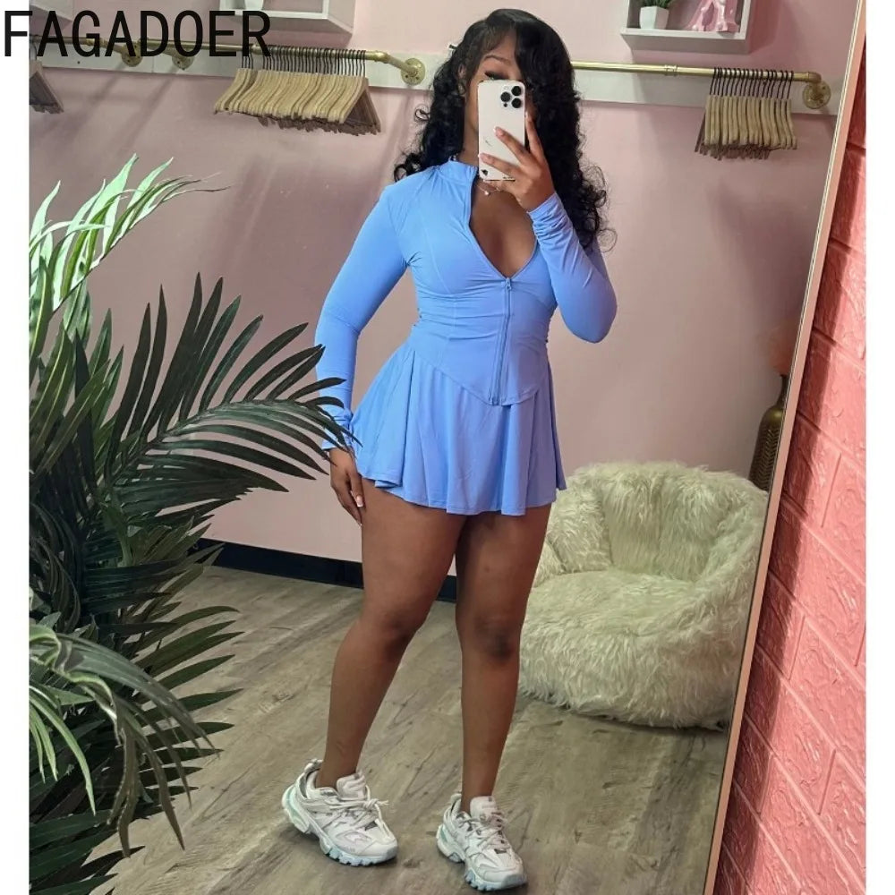 FAGADOER 2024 INS Trendy Sporty Streetwear 2 Piece Set Women Slim Zip Coat + Mini Pleated Skirts Sets (Shorts Inside The Skirt)