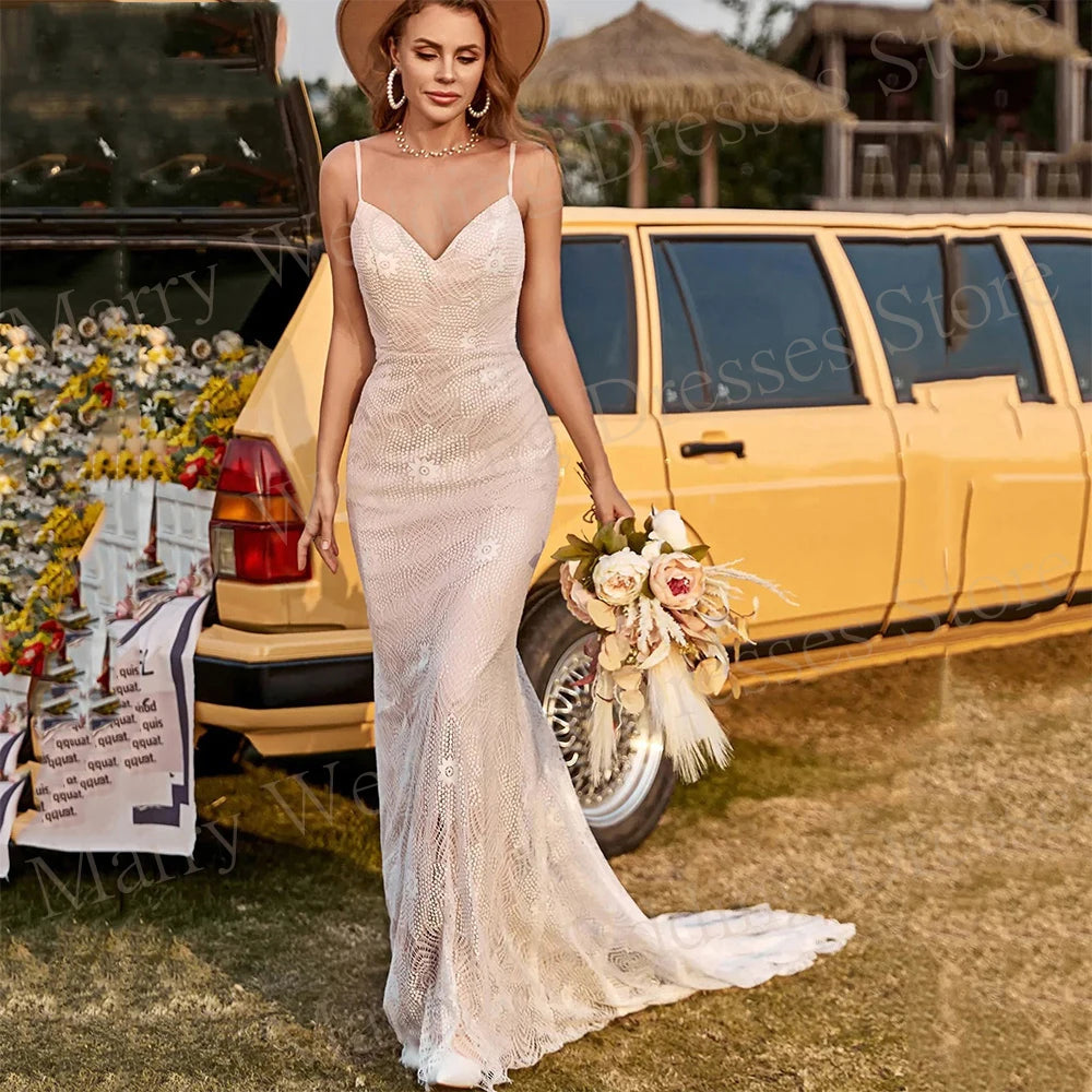 Modern V Neck Mermaid Spaghetti Straps Wedding Dresses Modest Lace Bride Gowns Sleeveless Backless Vestidos De Noiva For Women