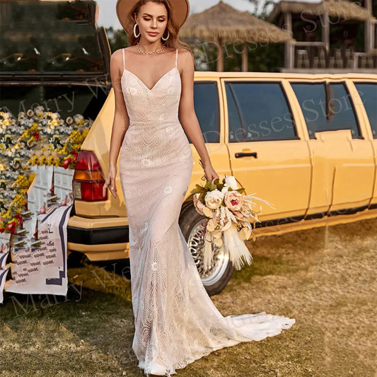 Modern V Neck Mermaid Spaghetti Straps Wedding Dresses Modest Lace Bride Gowns Sleeveless Backless Vestidos De Noiva For Women