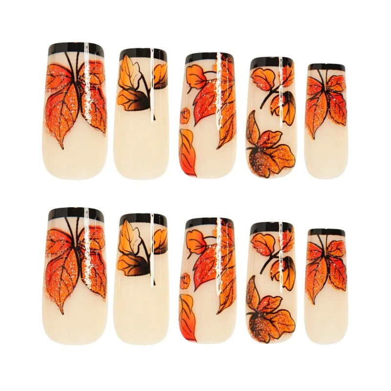 24pcs Nails Press on Medium Square Press on Nails with Tools Black French Reusable adhesive Nail Tips Leaf False Nails Wholesale