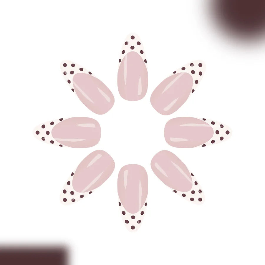Sweet French Style Medium Almond Press On Nails 24pcs White with Brown Tips and Dots