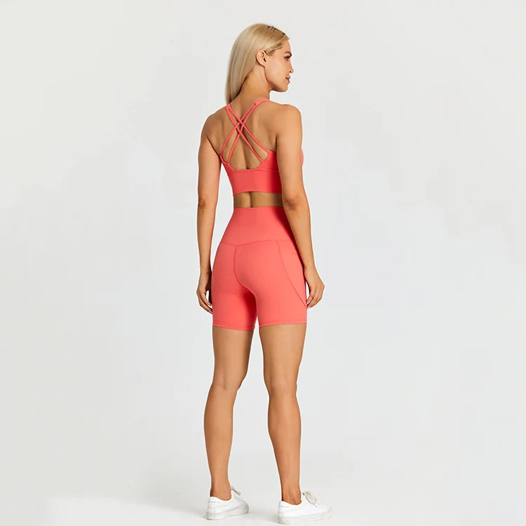 ABS LOLI Pockets Yoga Shorts Set Women Fitness Suit 2 Piece Sports Gym Wear Workout Clothes Running Sportswear Sport Outfit