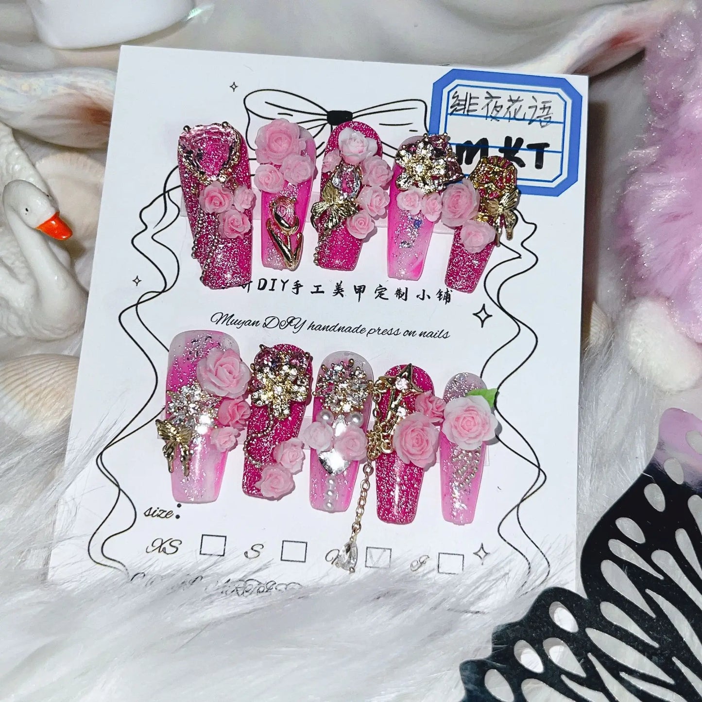 Press On Nails Handmade Pink Ombre 3D Rose Gold Accented Stunning Design False Nails Full Set 24pcs Comfort Fit 2 Glues