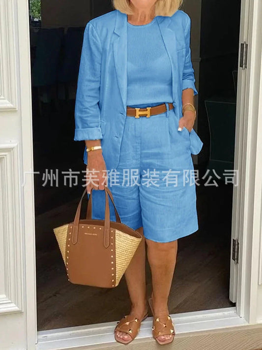 1 Set Blazer Short Sets Half Shorts Solid Color Single Breasted Women's Suit Summer Loose-fitting Buttons Outfit for Office