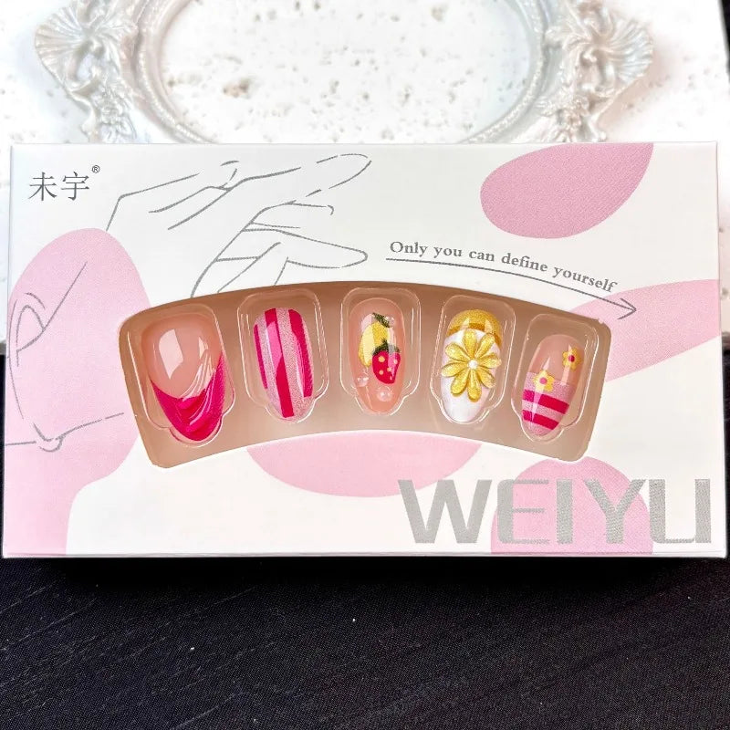 24PCS Spring Summer Pink French Press on Nails Fresh Lemon Strawberry Design Fake Nails for Women Sweet Fruit Almond False Nails