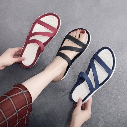 Women's Slippers Flat Bottom Round Head Solid Color Sandals Korean Style Casual Non-slip Lightweight Beach Shoes Sandales Plates