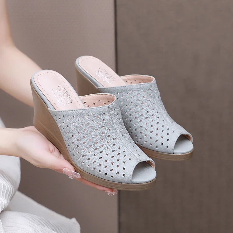 Comfortable Hollow Genuine Leather Women Slippers  Thick Bottom Wedges Fashion  Women Shoes