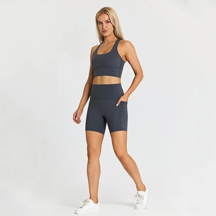 ABS LOLI Pockets Yoga Shorts Set Women Fitness Suit 2 Piece Sports Gym Wear Workout Clothes Running Sportswear Sport Outfit