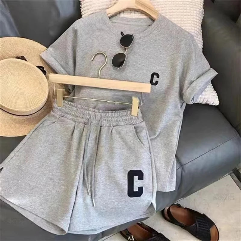  2 Piece Set Women Summer Loose Short Sleeve T-Shirt Casual Shorts Sports Print Letter Casual Suit Large Size Short Pajamas