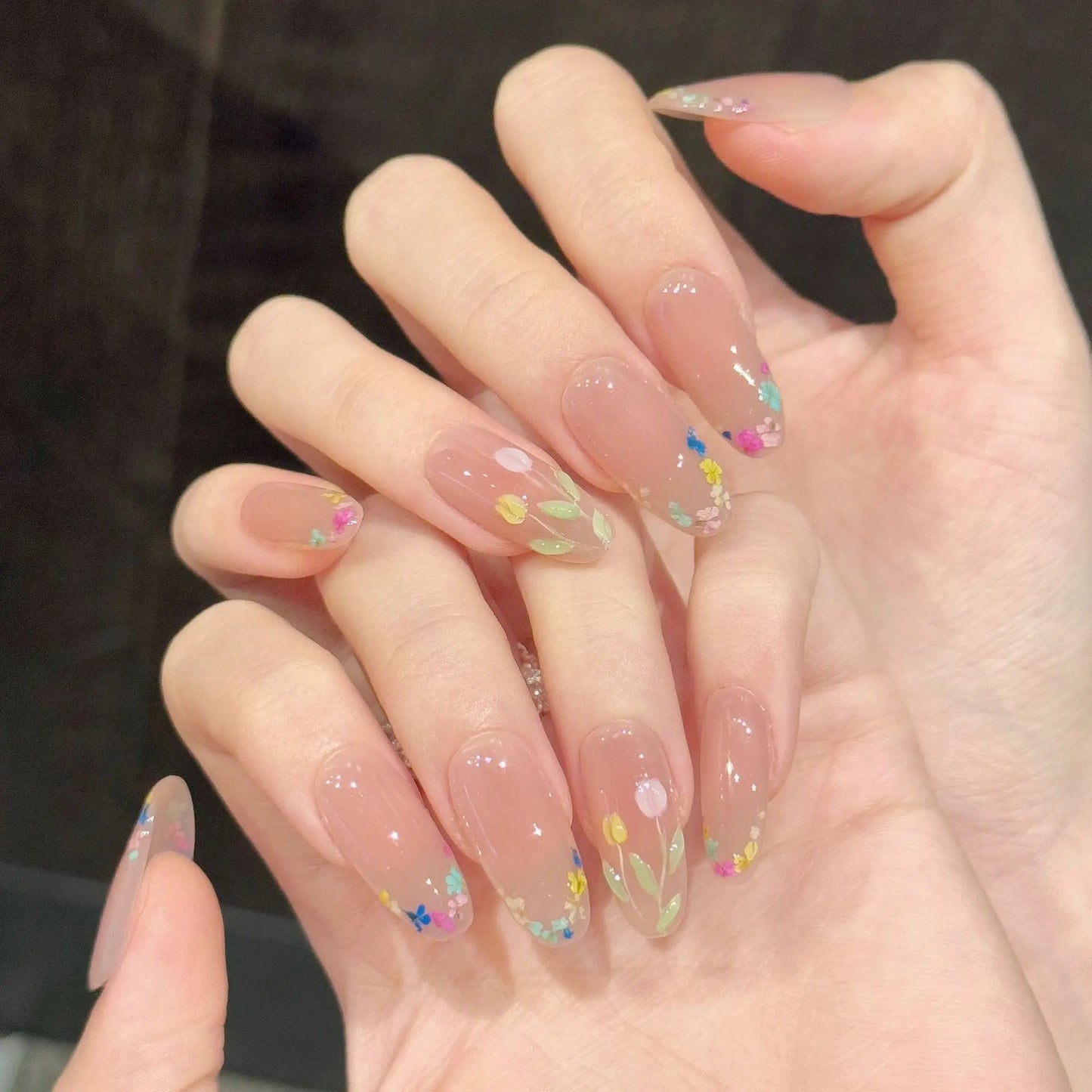 10Pcs Handmade Nude Pink Press On Nails with Floral Design Spring Summer Trendy False Nails With 4-PIECE Tools  Super-Strong