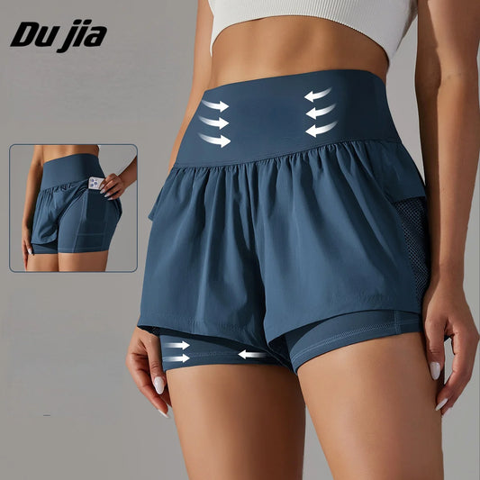 Women's High Waist Stretch Athletic Workout Active Fitness Volleyball Shorts 2 in 1 Running Double Layer Sports Shorts