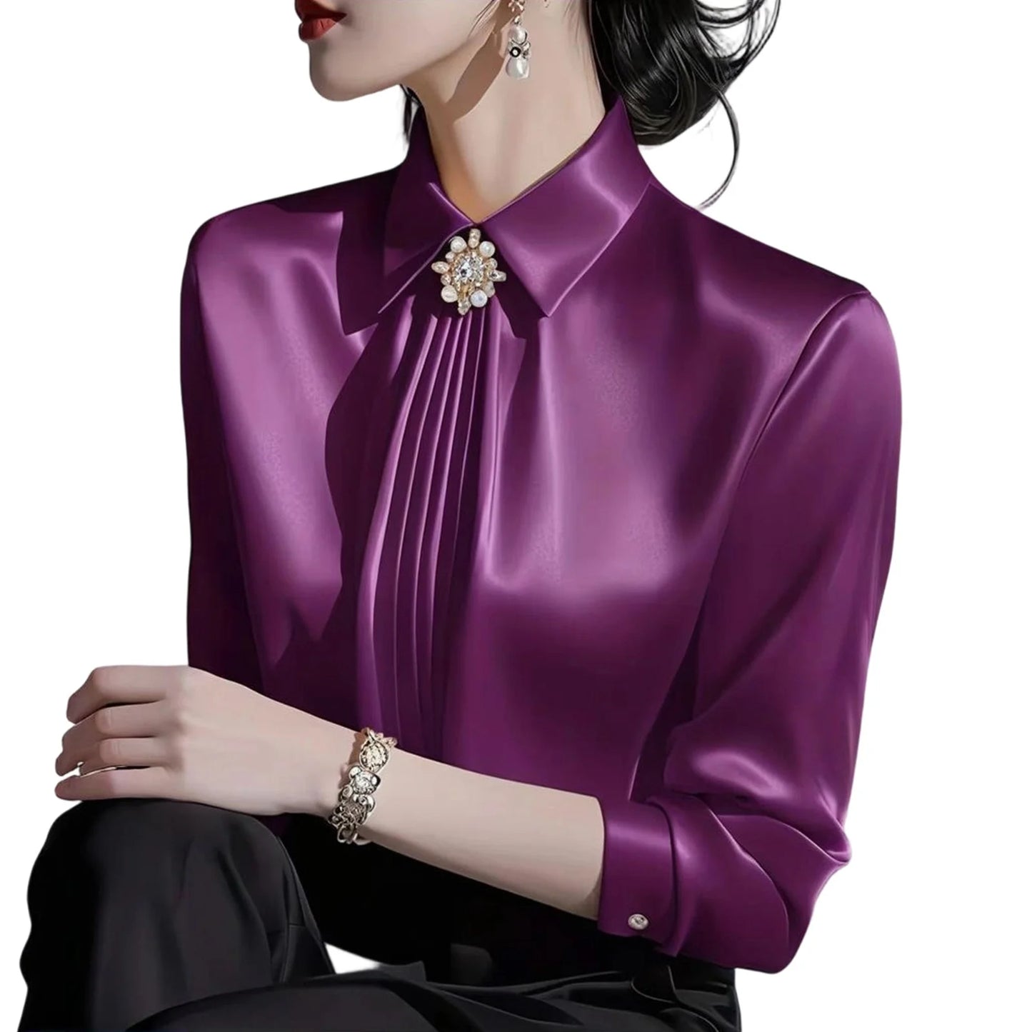 Women Daily Business Blouse Elegant Satin Solid Color With Bow Lapel Blouse Lady Refined Temperament Long Sleeve Cozy Top