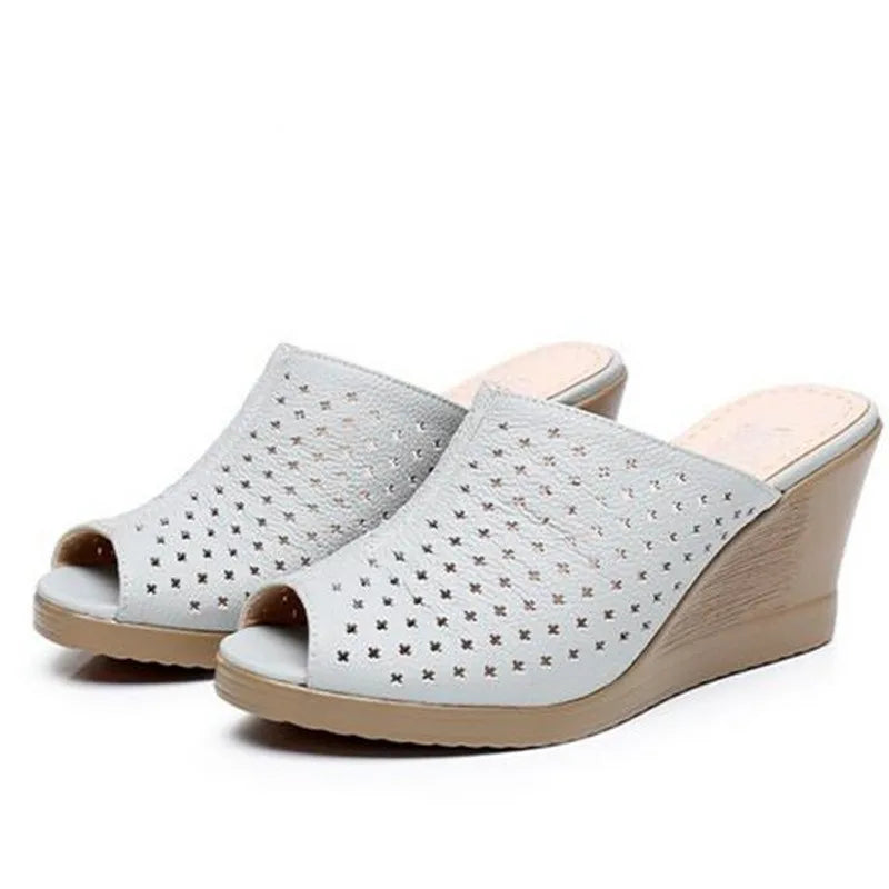 Comfortable Hollow Genuine Leather Women Slippers  Thick Bottom Wedges Fashion  Women Shoes