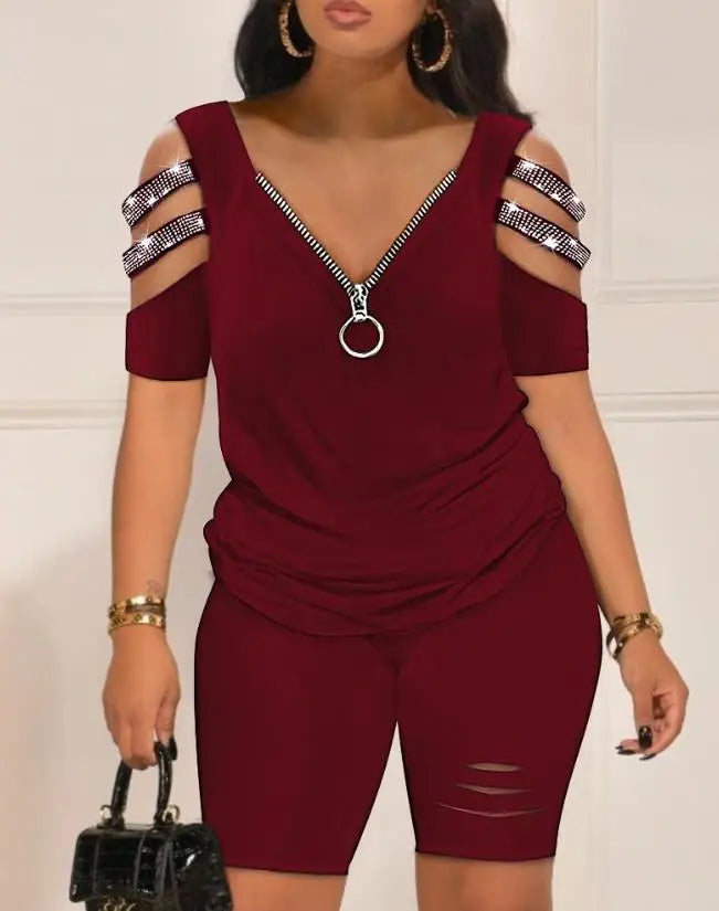 Casual Two Piece Set Women Outfit Summer Women's Short Sleeve Daily Suit Rhinestone Cold Shoulder Top & High Waist Shorts Set