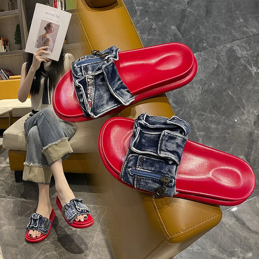 Shoes for Women 2025 Hot Sale Summer Women's Slippers Outdoor Solid Denim Open Toe Low-heeled Large Size Casual Slippers Women
