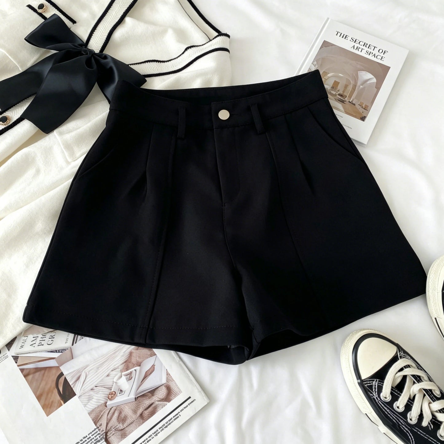 Women‘s Casual shorts Fashion Elegant Office Lady Commute Vintage Solid High Waist Short Pants Casual Streetwear Summer Trousers