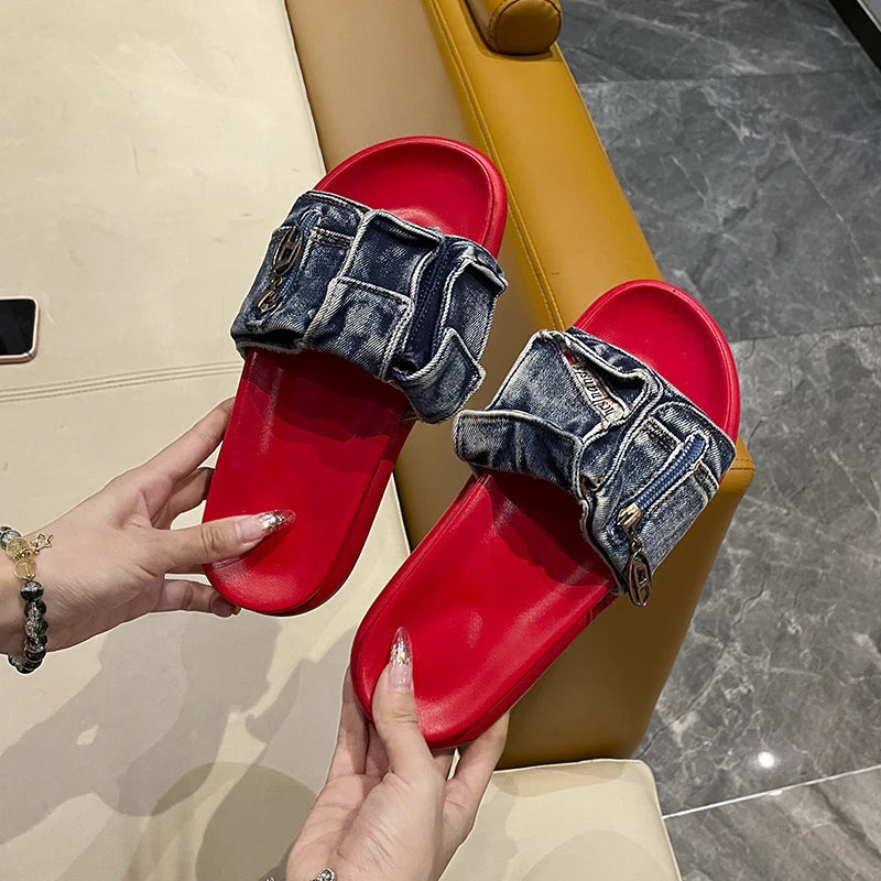 Shoes for Women 2025 Hot Sale Summer Women's Slippers Outdoor Solid Denim Open Toe Low-heeled Large Size Casual Slippers Women