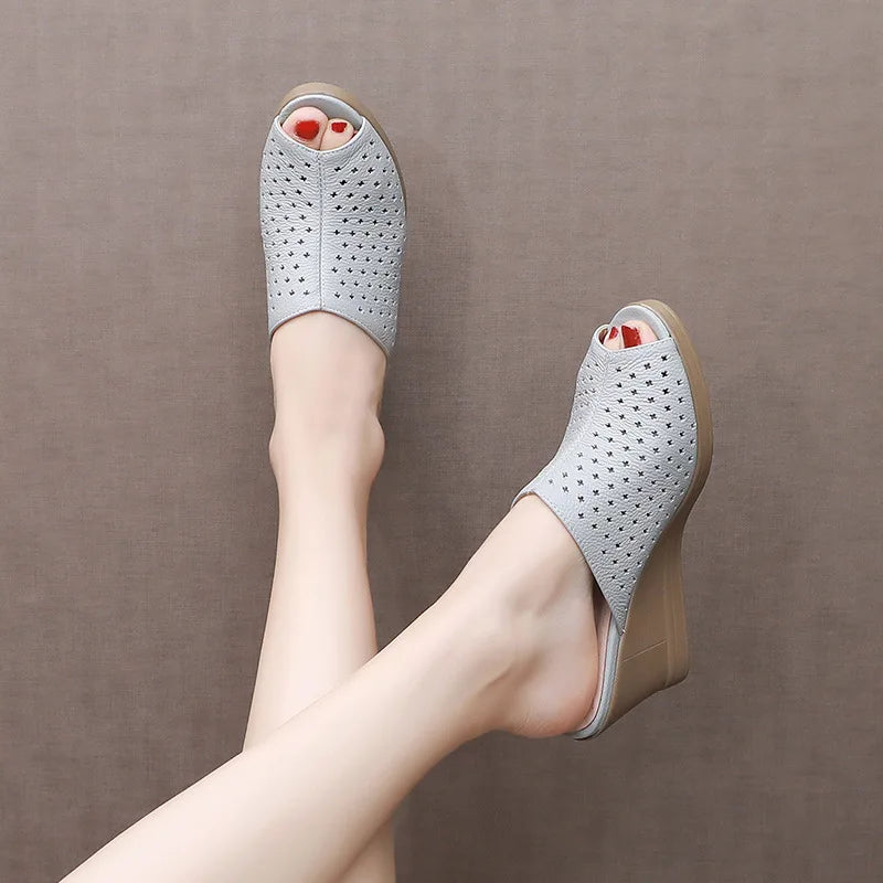 Comfortable Hollow Genuine Leather Women Slippers  Thick Bottom Wedges Fashion  Women Shoes