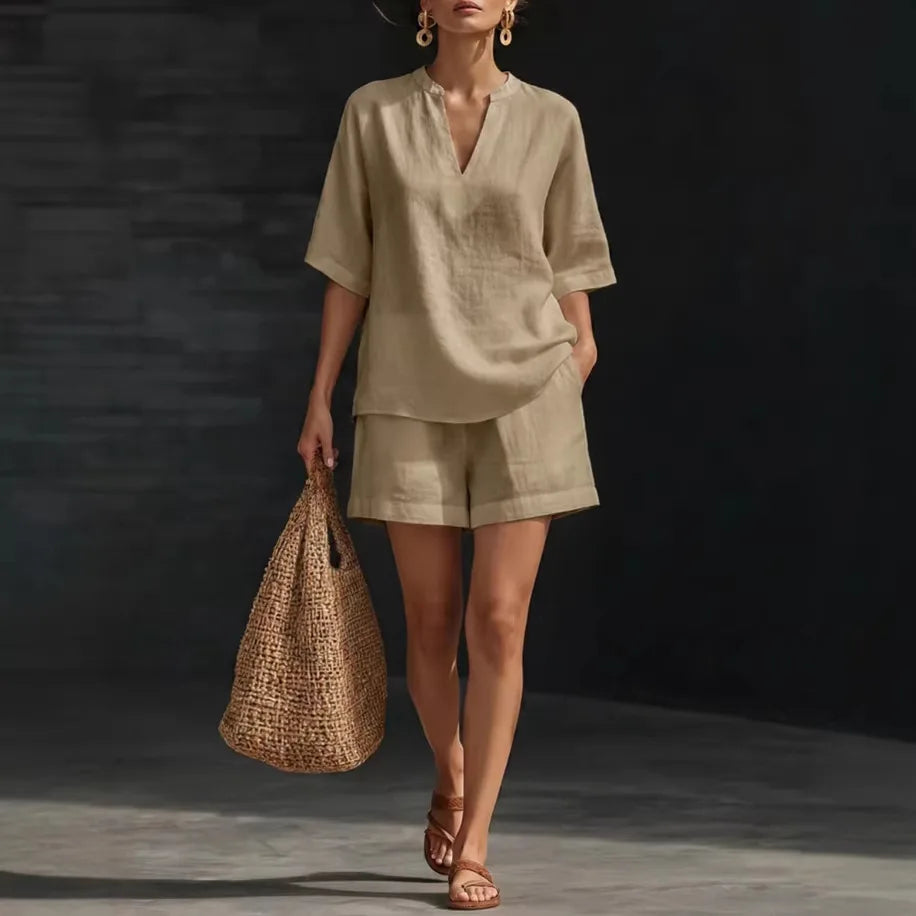 Women Casual Suits Fashion Two Pieces Sets Spring Summer Cotton Linen Loose Long Sleeve Drawstring Blouse Ruffles Shorts Set