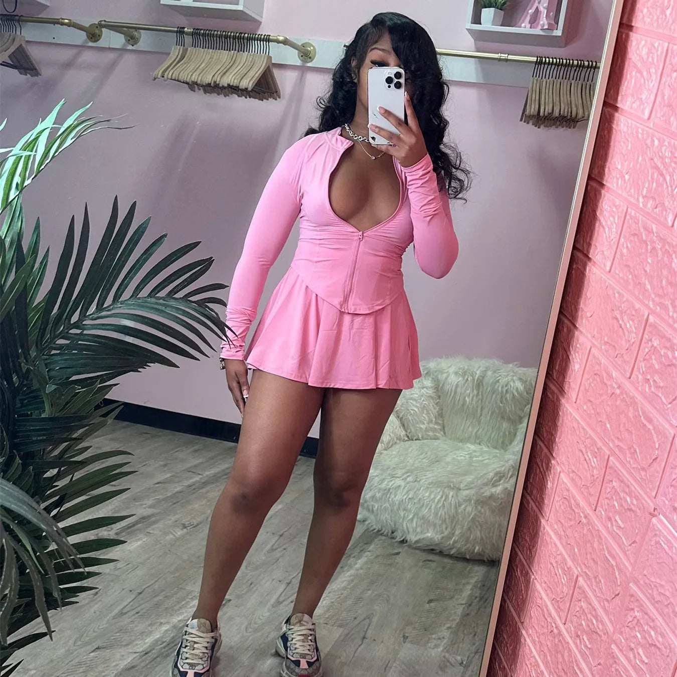 FAGADOER 2024 INS Trendy Sporty Streetwear 2 Piece Set Women Slim Zip Coat + Mini Pleated Skirts Sets (Shorts Inside The Skirt)