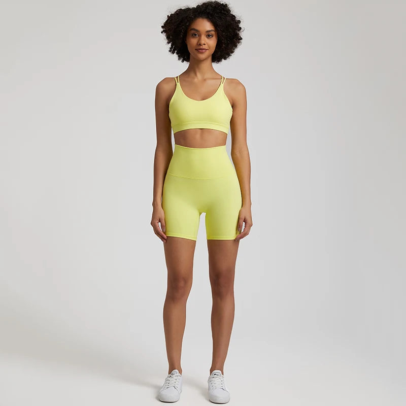 Naked Feel Gym Set Women Workout Clothes High Waist Yoga Shorts and Strappy Sports Bra 2 Piece Short Sets Summer Running Outfits