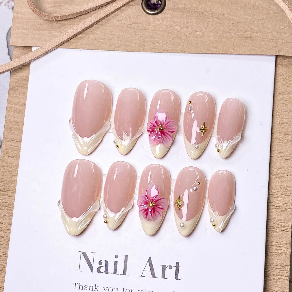 10 pieces of handcrafted yellow French pink floral press-on nails, elegant, romantic, minimalist, high-end, sexy and light luxur