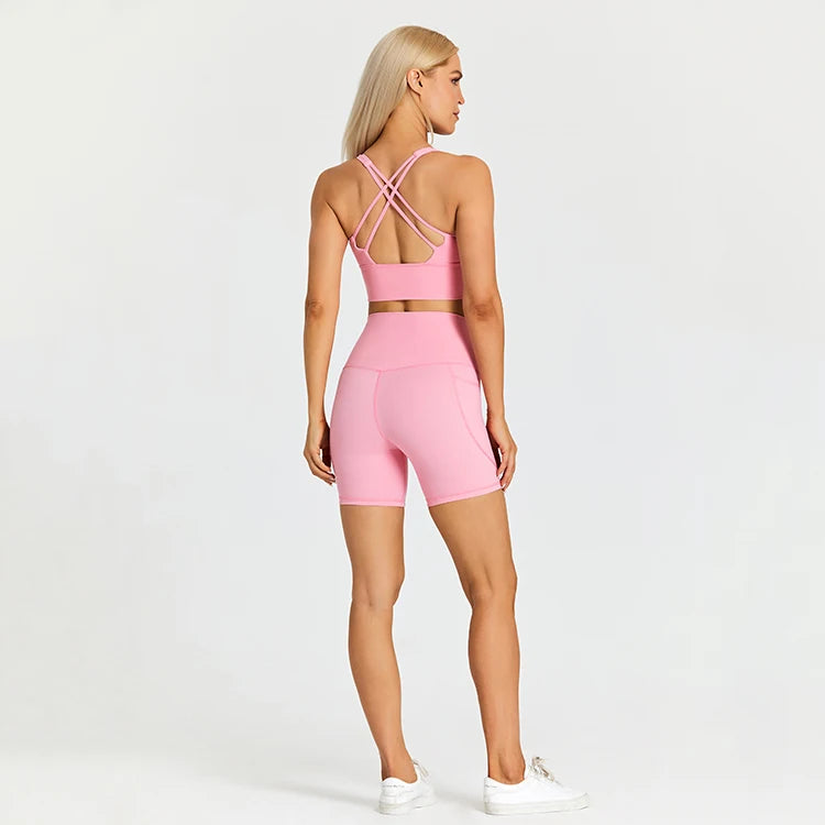ABS LOLI Pockets Yoga Shorts Set Women Fitness Suit 2 Piece Sports Gym Wear Workout Clothes Running Sportswear Sport Outfit