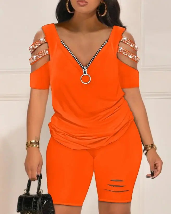 Casual Two Piece Set Women Outfit Summer Women's Short Sleeve Daily Suit Rhinestone Cold Shoulder Top & High Waist Shorts Set