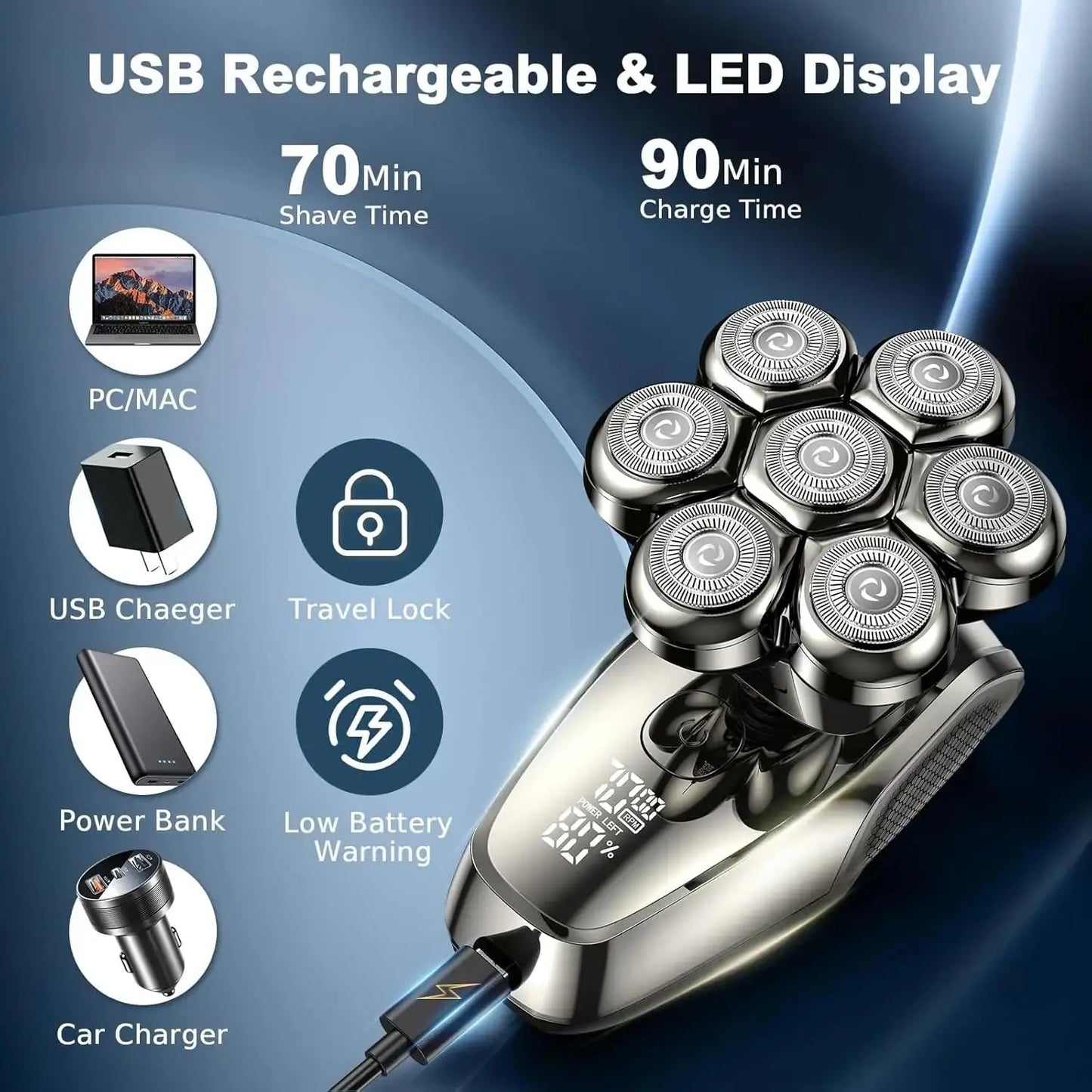 Head Shavers for Bald Men Magnetic Electric Razor 7D Rotary Shaver With Detachable Heads Waterproof Shaving Machine