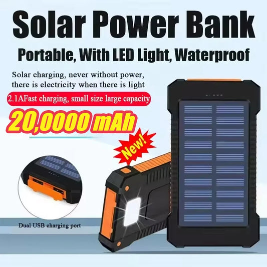 200000mAh Portable Solar Power Bank, External Battery, Fast Charging, Waterproof, with SOS Flashlight Emergency Power Supply New