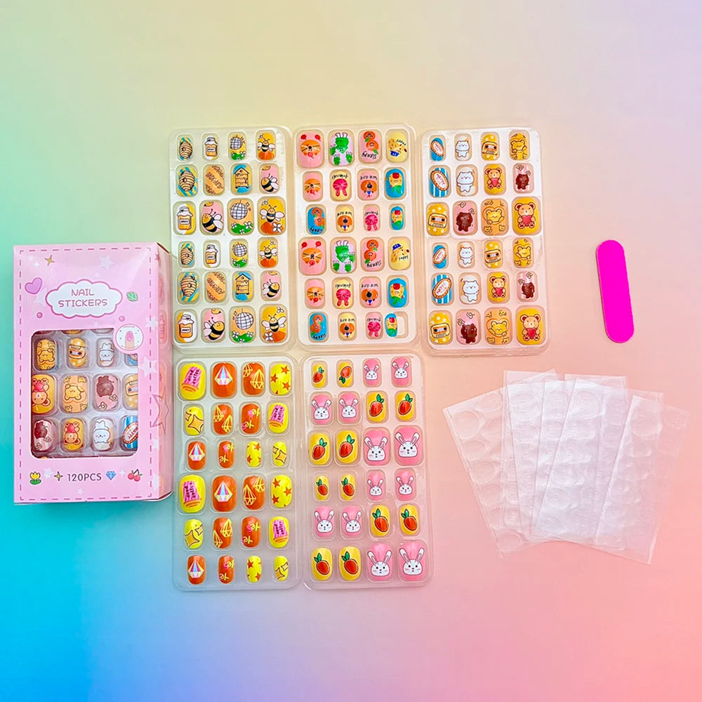 120pcs Cartoon Press On Nails For Kids Cute Children's Pink Acrylic Artificial Fale Nails With Glue&File Girls Gift-Fake Nails