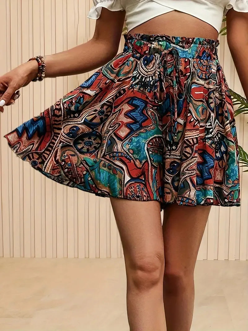 2024 Women's Spring Summer Printed Shorts Skirt Elegant Waist Cinching Loose Shorts