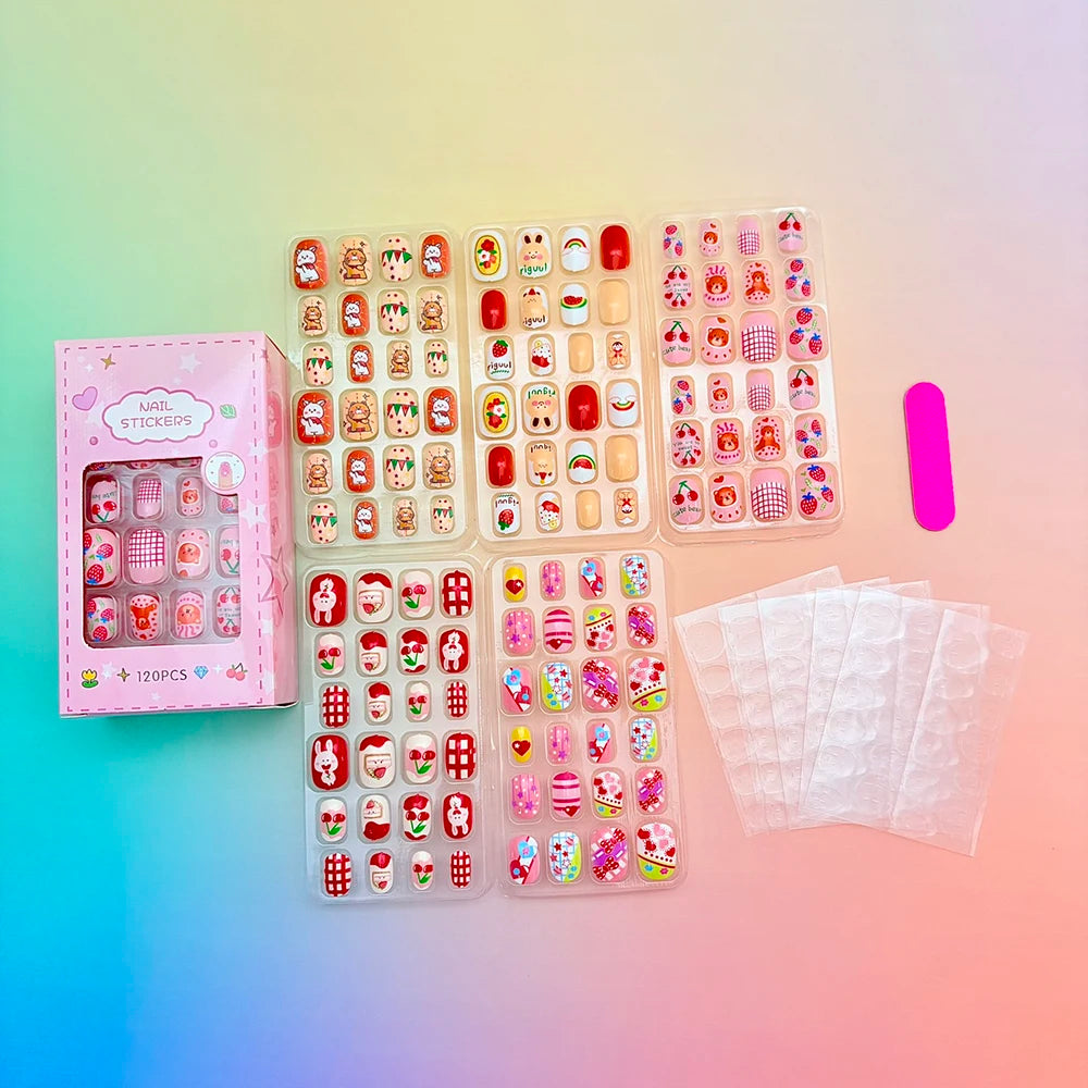 120pcs Cartoon Press On Nails For Kids Cute Children's Pink Acrylic Artificial Fale Nails With Glue&File Girls Gift-Fake Nails