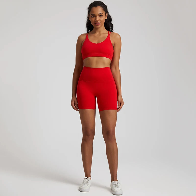 Naked Feel Gym Set Women Workout Clothes High Waist Yoga Shorts and Strappy Sports Bra 2 Piece Short Sets Summer Running Outfits