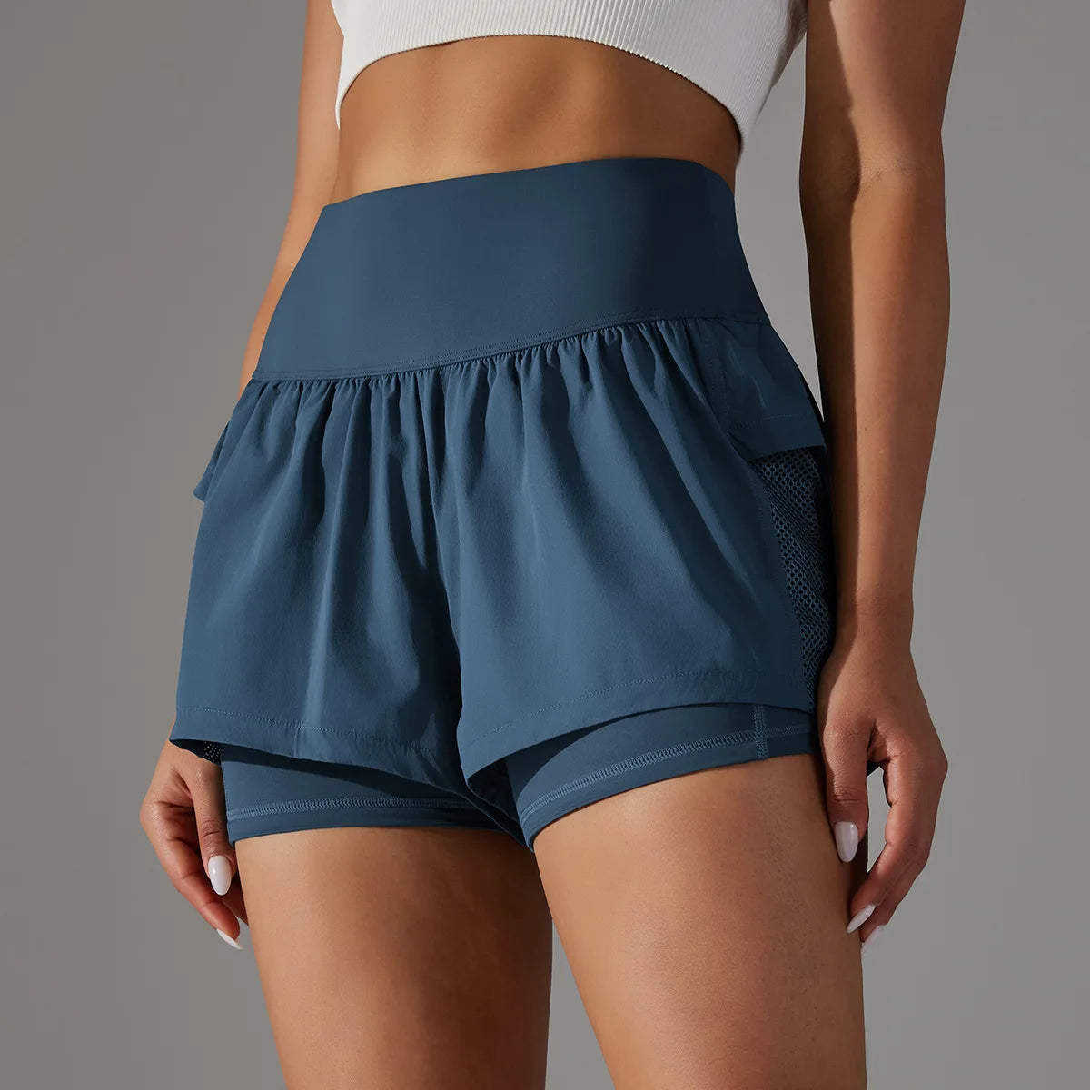 Women's High Waist Stretch Athletic Workout Active Fitness Volleyball Shorts 2 in 1 Running Double Layer Sports Shorts
