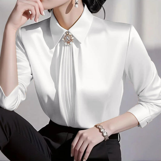 Women Daily Business Blouse Elegant Satin Solid Color With Bow Lapel Blouse Lady Refined Temperament Long Sleeve Cozy Top