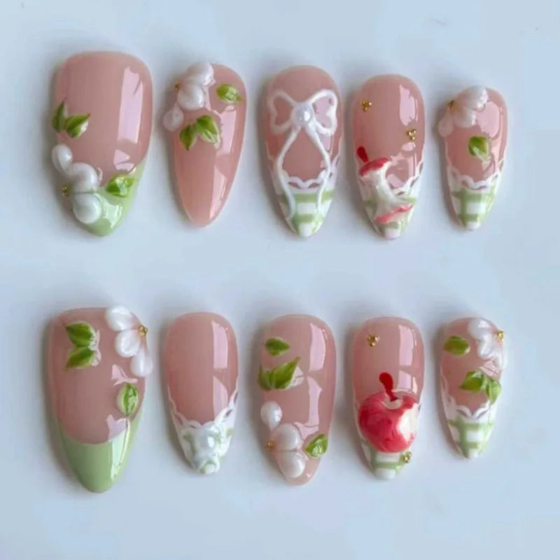 24PCS Spring Summer Pink French Press on Nails Fresh Lemon Strawberry Design Fake Nails for Women Sweet Fruit Almond False Nails