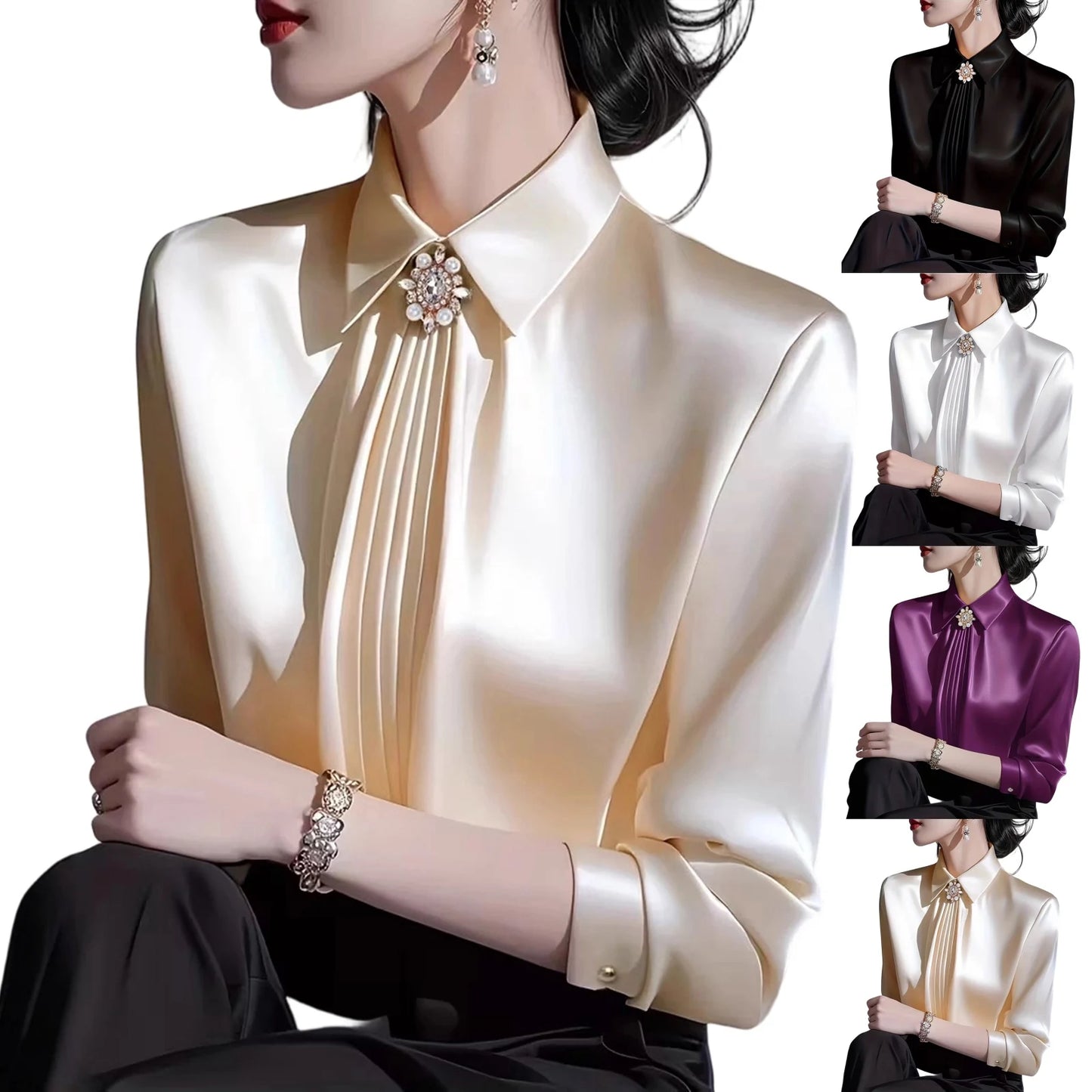 Women Daily Business Blouse Elegant Satin Solid Color With Bow Lapel Blouse Lady Refined Temperament Long Sleeve Cozy Top