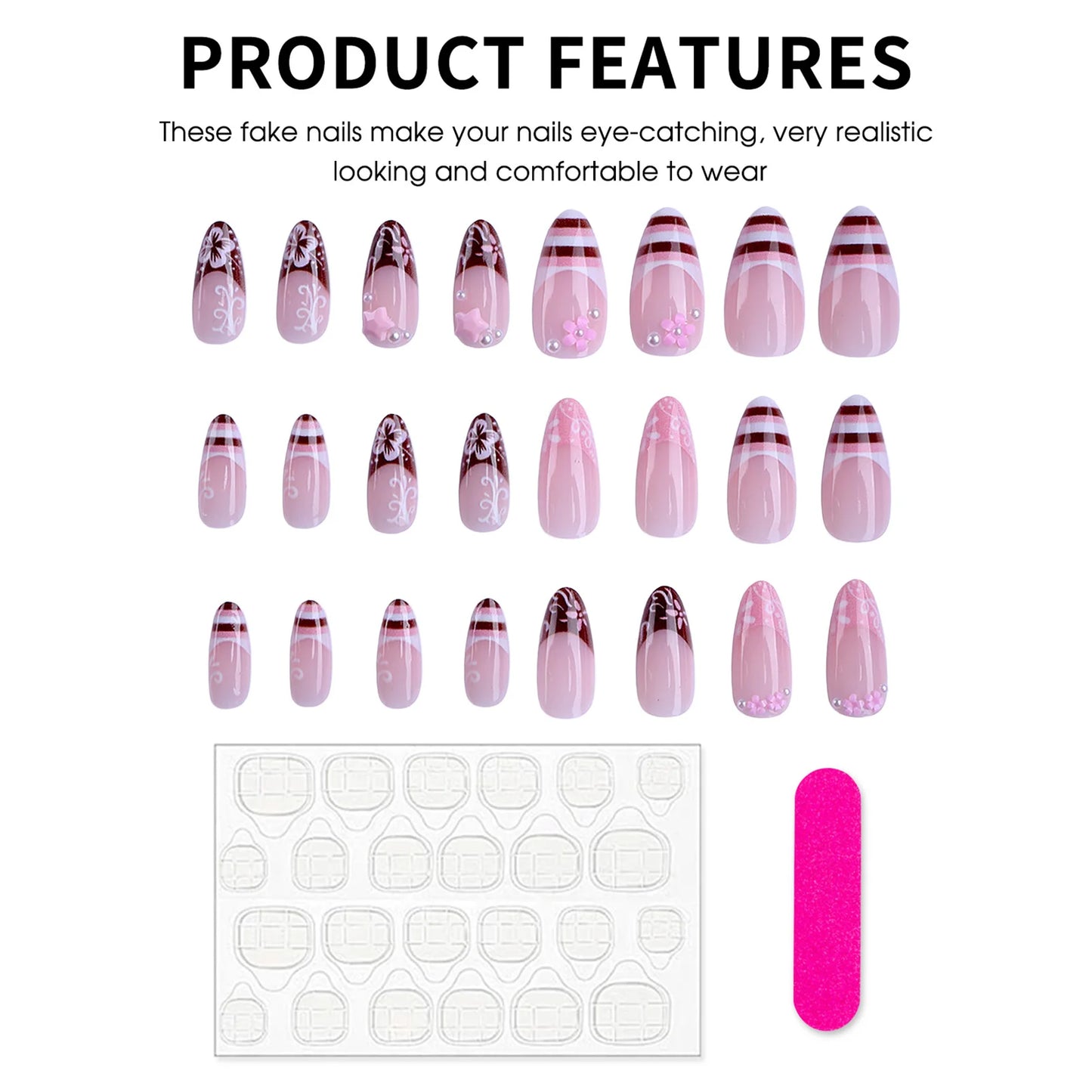 24pcs Spring Day Sweet False Nails Cute Pink Flower Star Pearl Designs Press On Nails Stripes French Style Almond Fake Nail