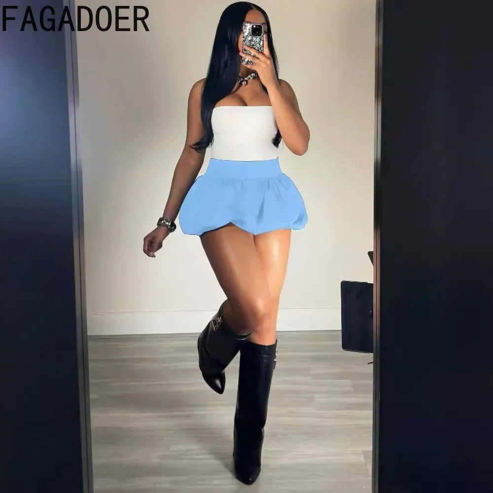 FAGADOER Fashion Solid Bubble Ruched Mini Skirts Women Elastic High Waist Slim Puff Skirts Summer New Female Matching Streetwear