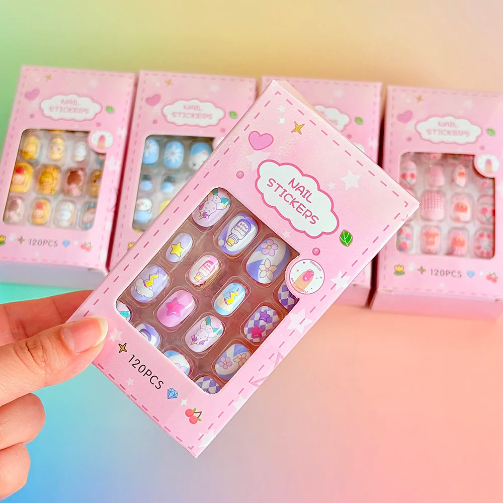 120pcs Cartoon Press On Nails For Kids Cute Children's Pink Acrylic Artificial Fale Nails With Glue&File Girls Gift-Fake Nails