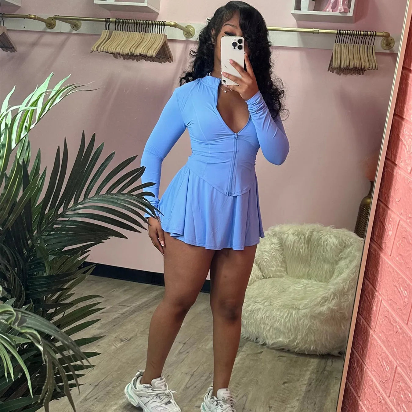 FAGADOER 2024 INS Trendy Sporty Streetwear 2 Piece Set Women Slim Zip Coat + Mini Pleated Skirts Sets (Shorts Inside The Skirt)