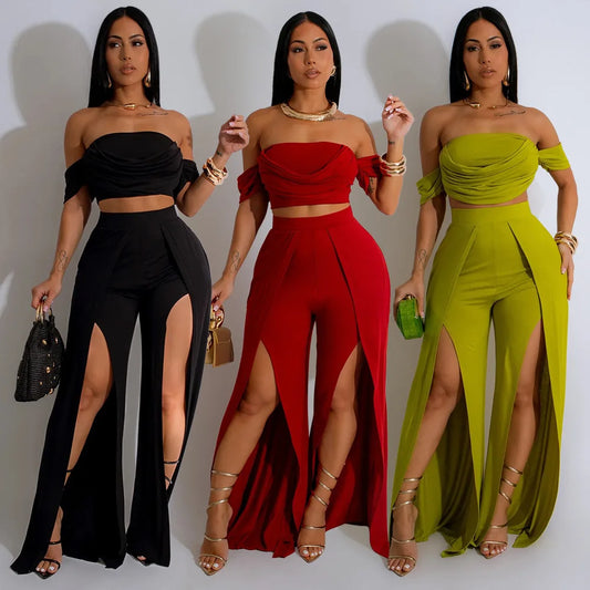 Women's Set Short Sleeve Slash Neck Ruched Tops and Wide Leg split Pants 2025 Street Two 2 Piece Sets Outfit Tracksuits
