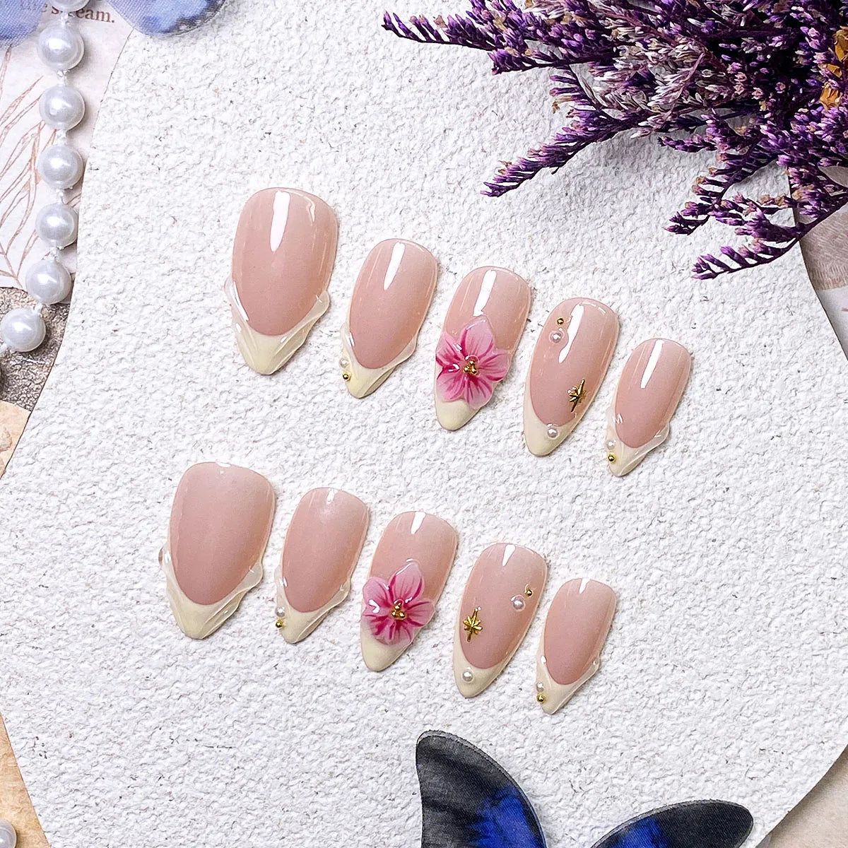 10 pieces of handcrafted yellow French pink floral press-on nails, elegant, romantic, minimalist, high-end, sexy and light luxur