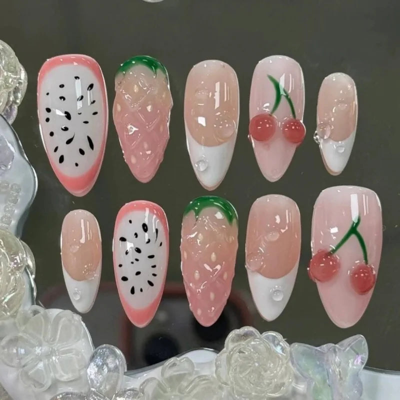 24PCS Spring Summer Pink French Press on Nails Fresh Lemon Strawberry Design Fake Nails for Women Sweet Fruit Almond False Nails