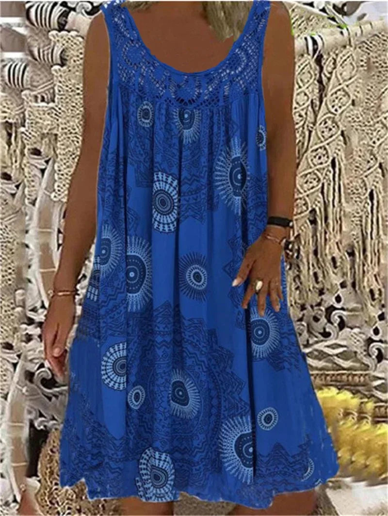 Elegant Lace Splicing O Neck Dresses Women Summer Comfortable Casual Sleeveless Dress Vintage Print Female Loose Midi Gown 2024