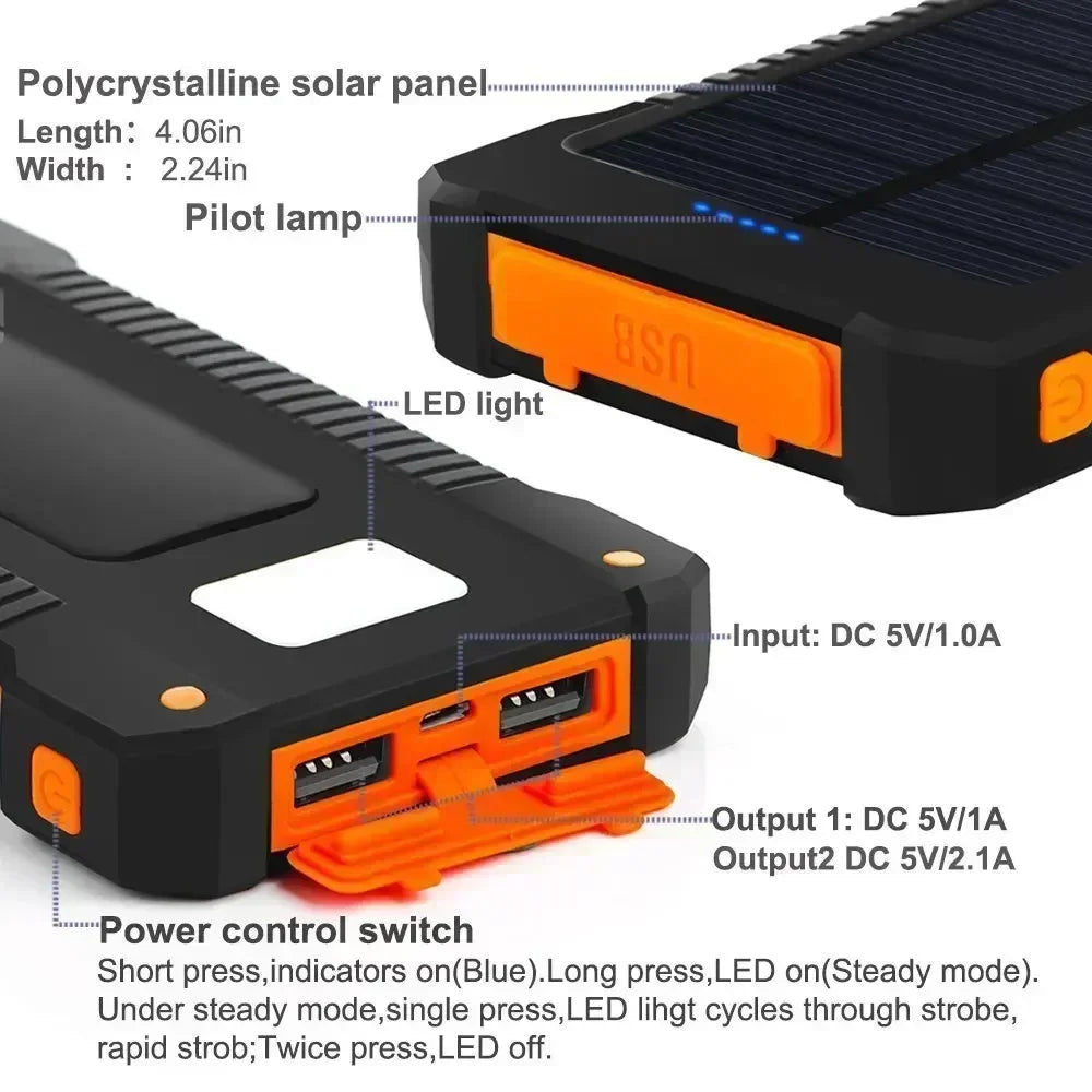 200000mAh Portable Solar Power Bank, External Battery, Fast Charging, Waterproof, with SOS Flashlight Emergency Power Supply New