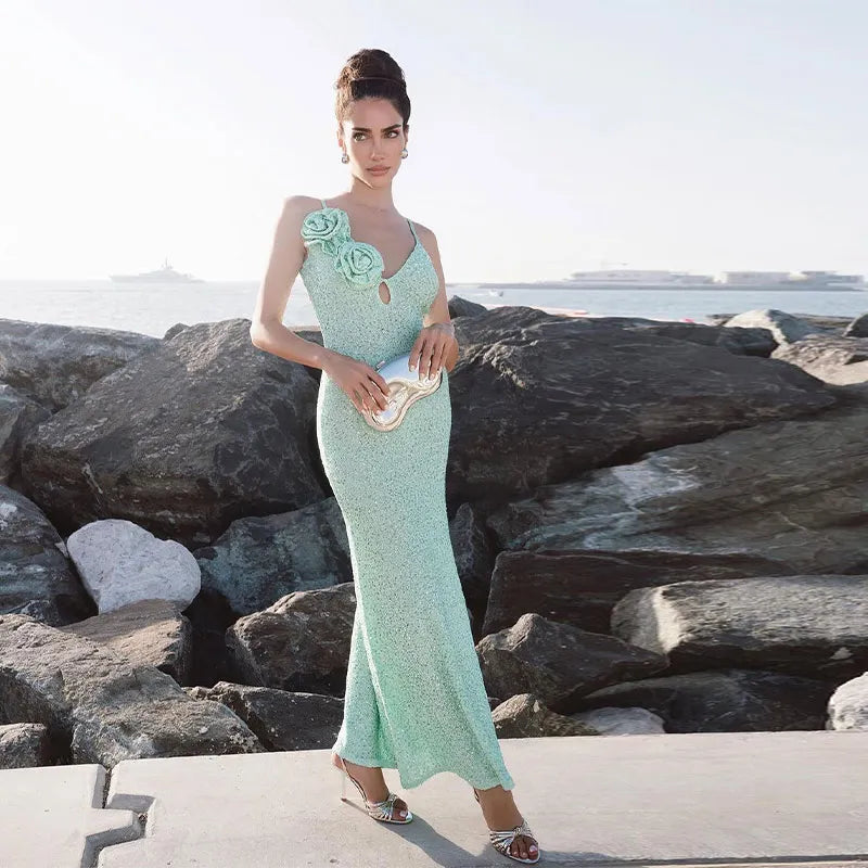 Summer Holiday Elegant Green Sequin Maxi Dress For Women Chic Backless Sleeveless Sling Boycon Robe 2024 Female Beach Vestdios